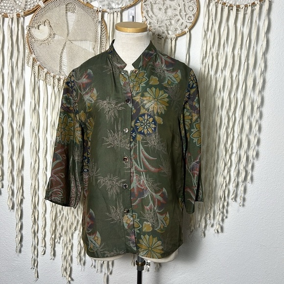 Poeme by Citron Green Asian Inspired Floral Print Quarter Sleeve Top Jacket M - Picture 1 of 10